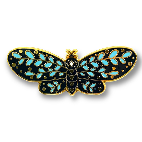 Large gold enamel moth blue eucalyptus pin - Picture 6 of 7